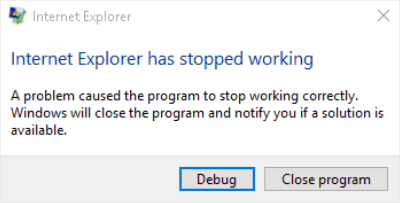 mensagem de erro que o Internet Explorer parou de funcionar