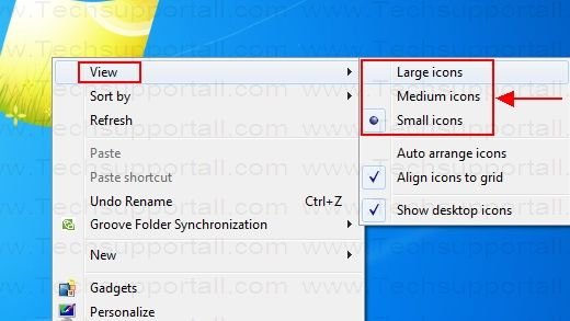 How do you change the desktop icon sizes in Windows 7?