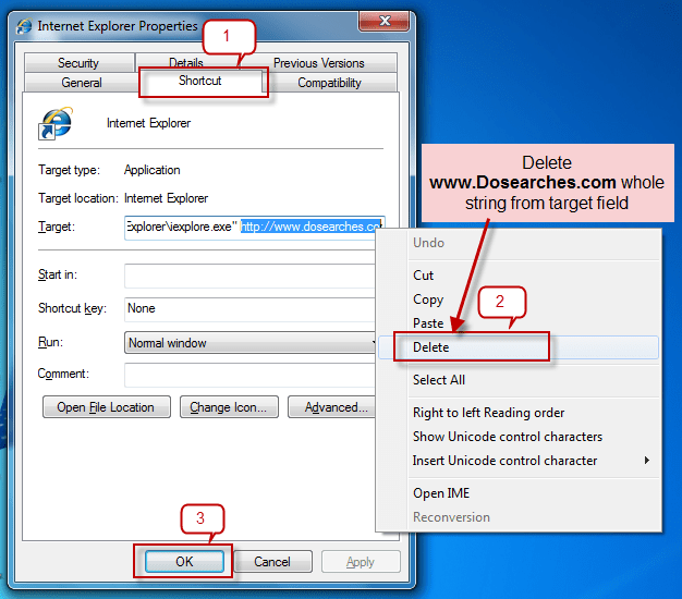Dosearches.com removal guide from windows shortcuts-2