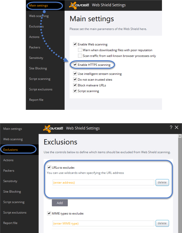 Avast Customize Web shield Exclusion for HTTPS