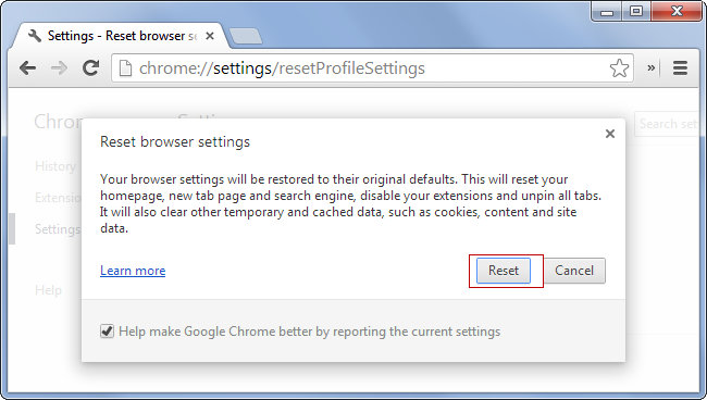 Chrome Browser Reset Confirmation