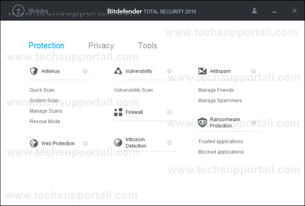 Bitdefender Protection Modules and options