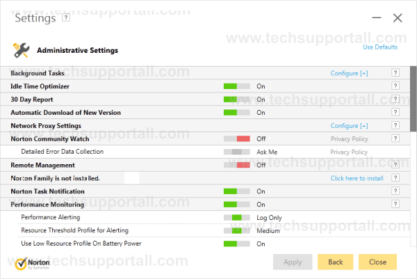 Norton Admin Settings