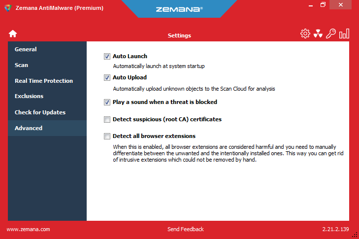 Zemana Advanced Options