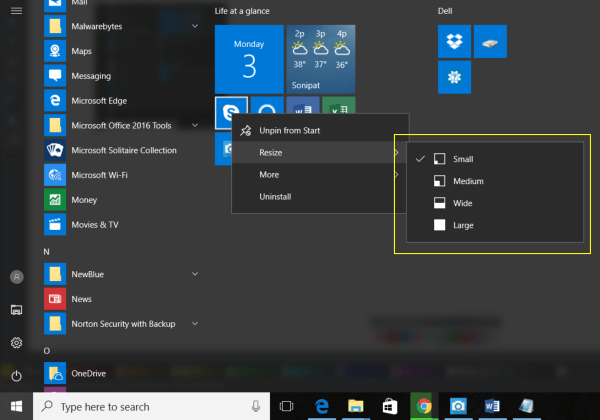 Resize Start menu tiles app windows 10