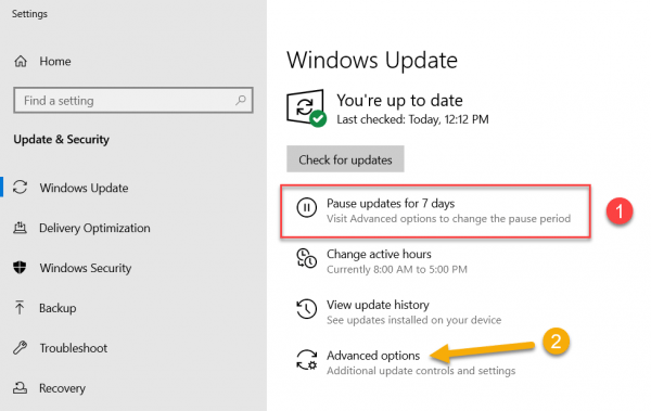 Pause updates in Windows 10