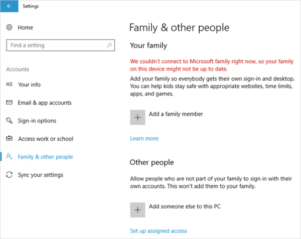 Family & other people accounts in Windows 10