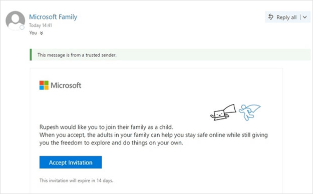 Microsoft Family Invitation mail message