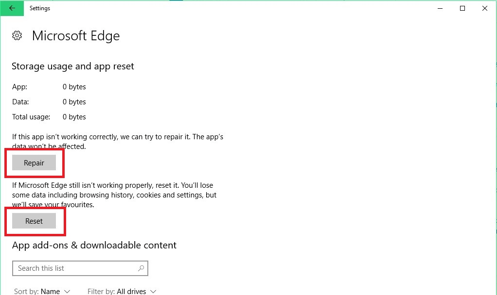 Reset or Repair Microsoft Edge Browser