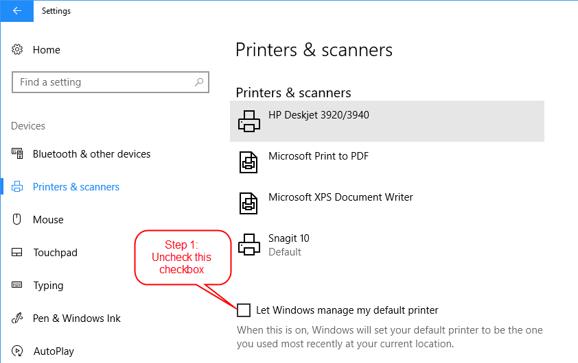 set default printer in windows 10