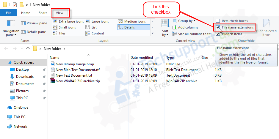 Check or uncheck the option "File name extensions" to show or hide the filename extensions