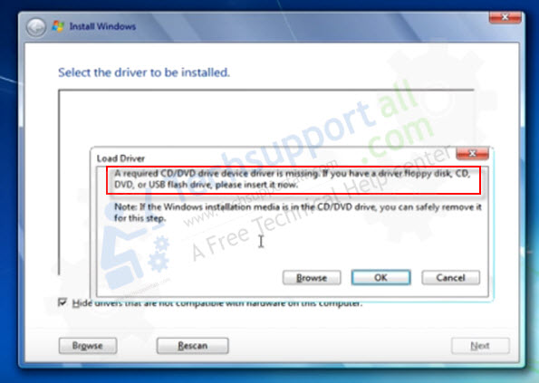 error de instalación de Windows 7, controlador faltante