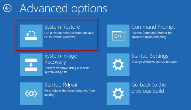 restore win10 - advanced options