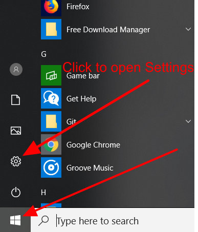 Open start menu from settings