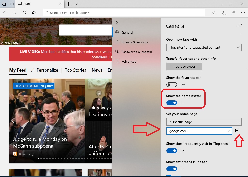 Change home button setting in Edge browser