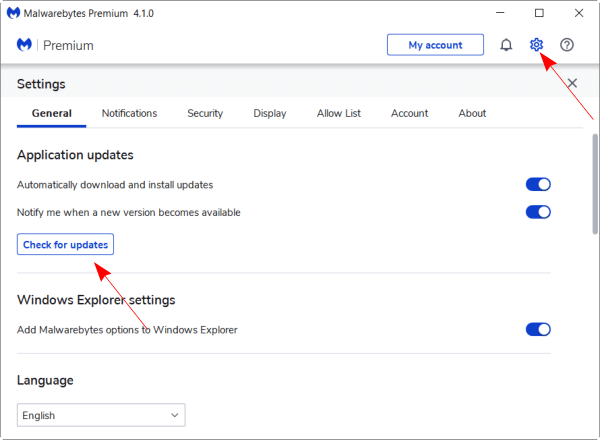 Malwarebytes  premium 4.1 - check for updates window