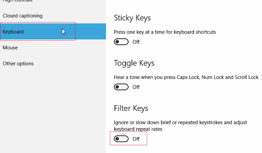 Keyboard setting in Windows 10