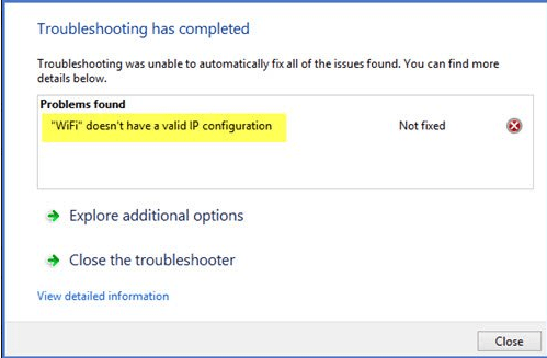 Ethernet doesn't have a valid IP configuration error screenshot