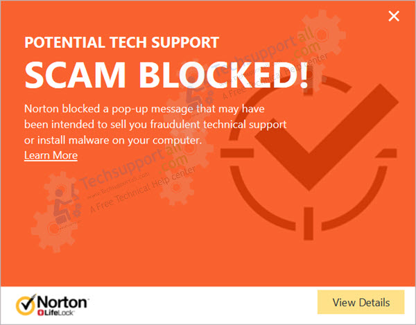Tech Support Scam Pop-up message blocked by Norton 360