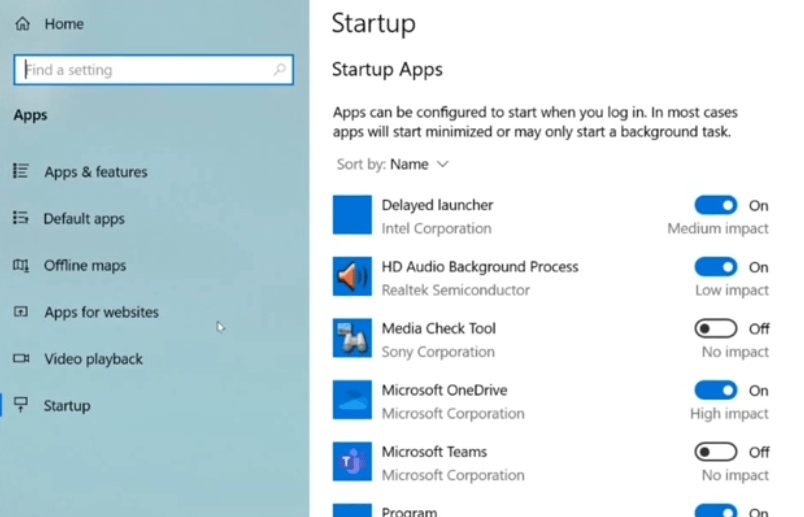 enable or disable the startup apps