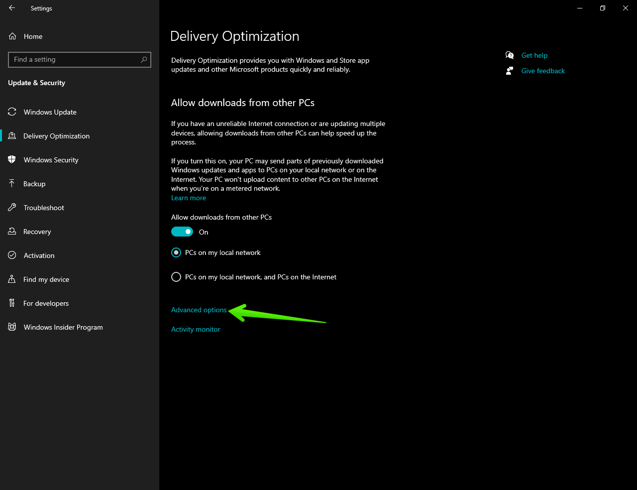 Delivery optimization advanced option in Win10