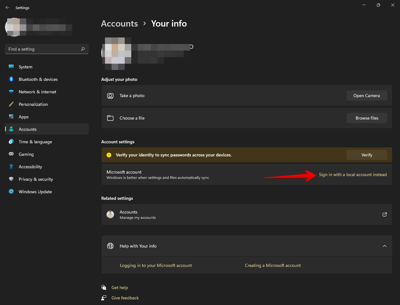 Choose local account sign in option from the account info