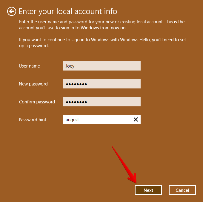 Eneter the local account information and click next