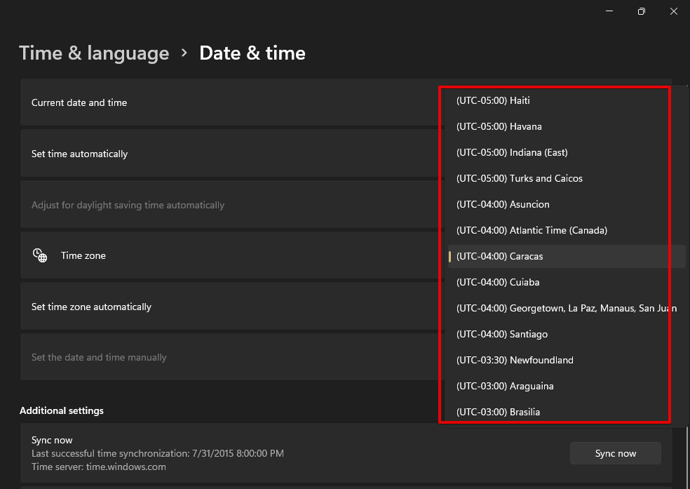 select desired time zone