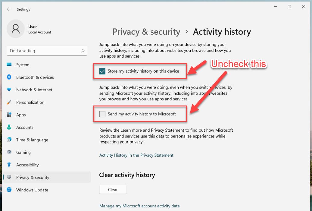 Uncheck send activity history in Windows 11