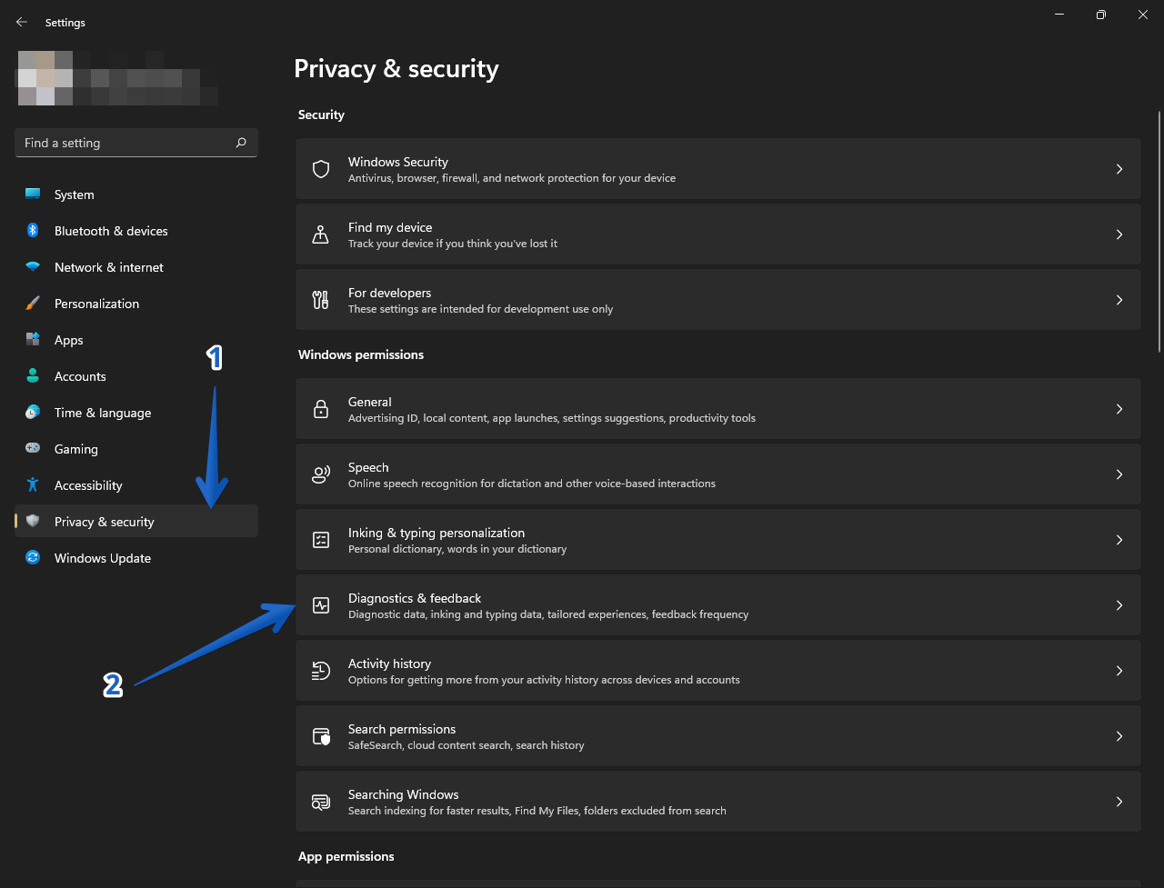 Open diagnostic and feedback settings in Windows 11