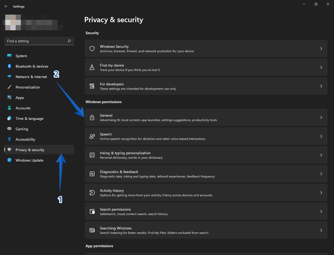 Open privacy and security settings in Windows