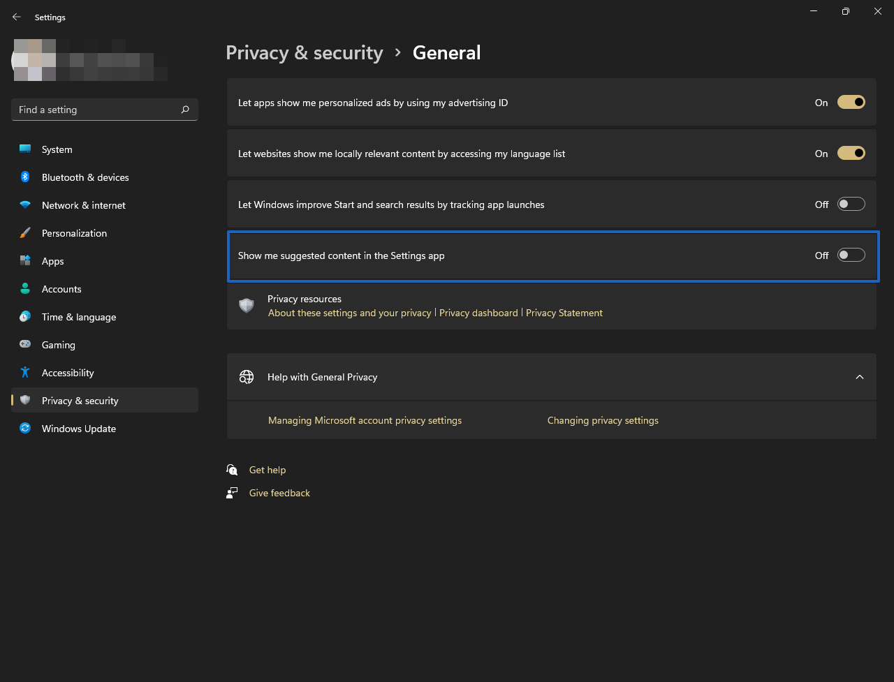Disable the suggested content from general settings