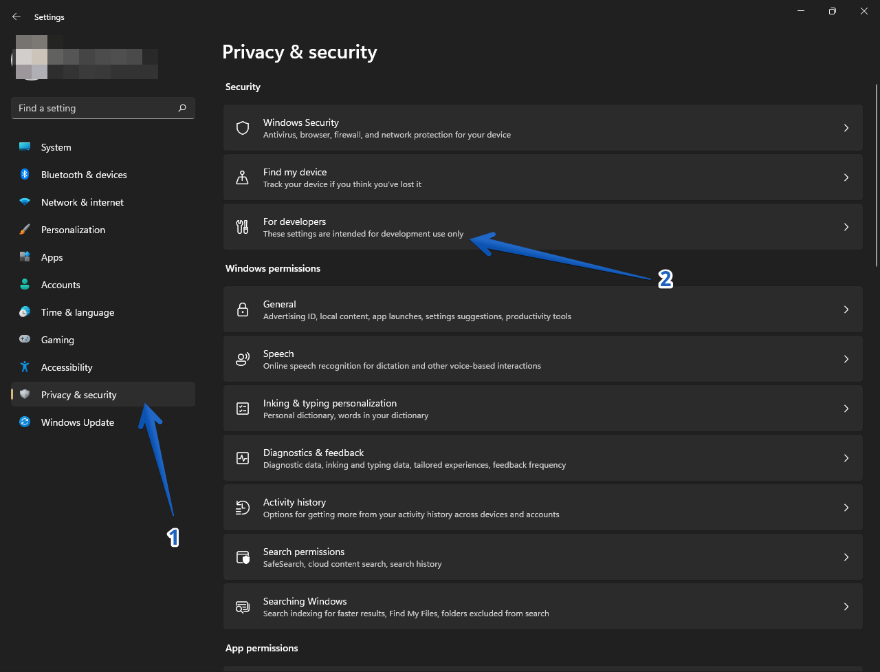 Open developer settings