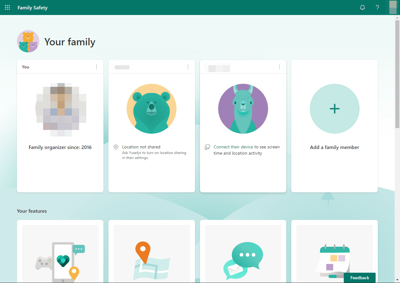Microsoft Family Safety parental control home screen