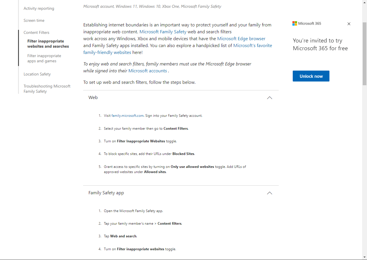 Block or allow website to filter content on Microsoft family safety app directly from the browser.