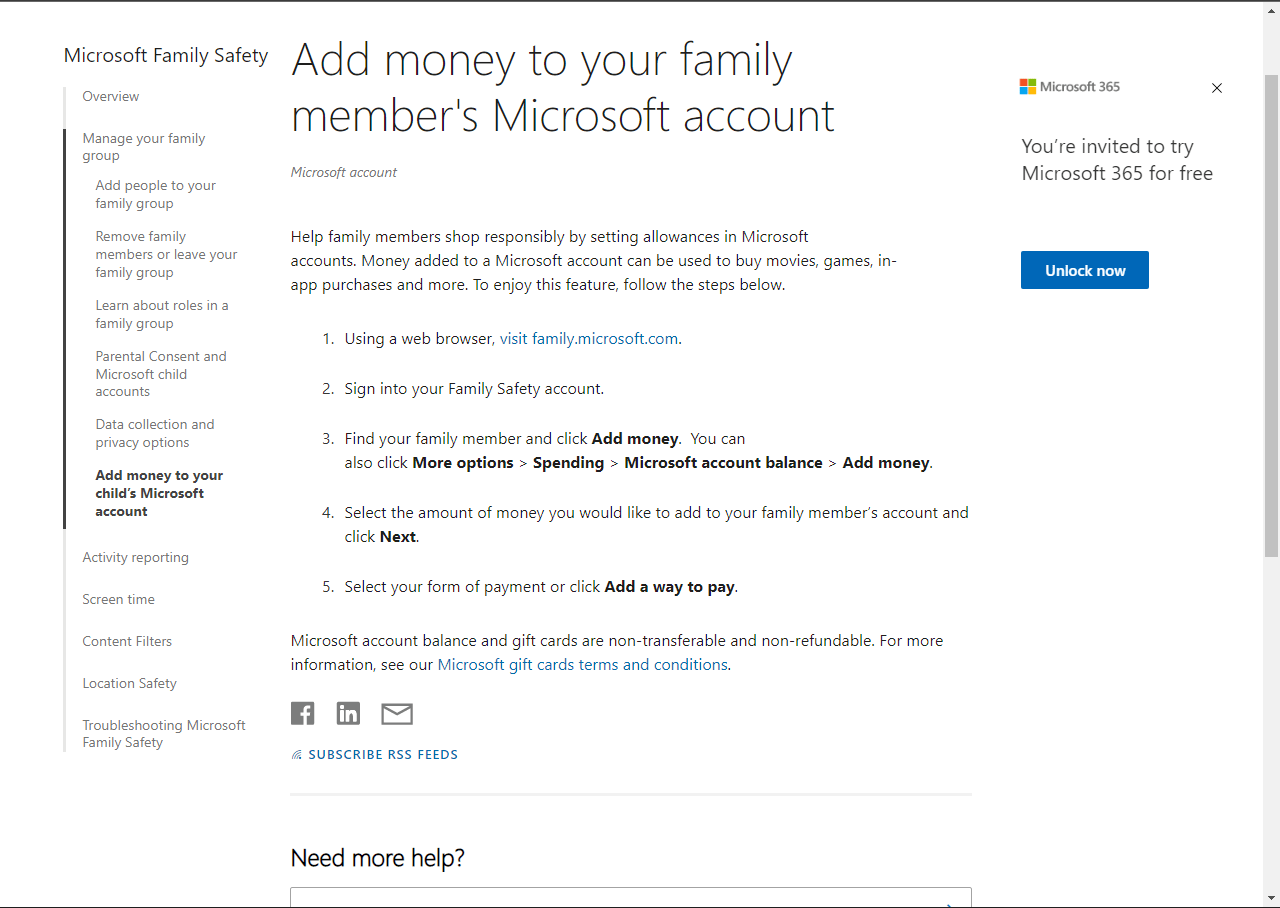 Add money for family to Microsoft account