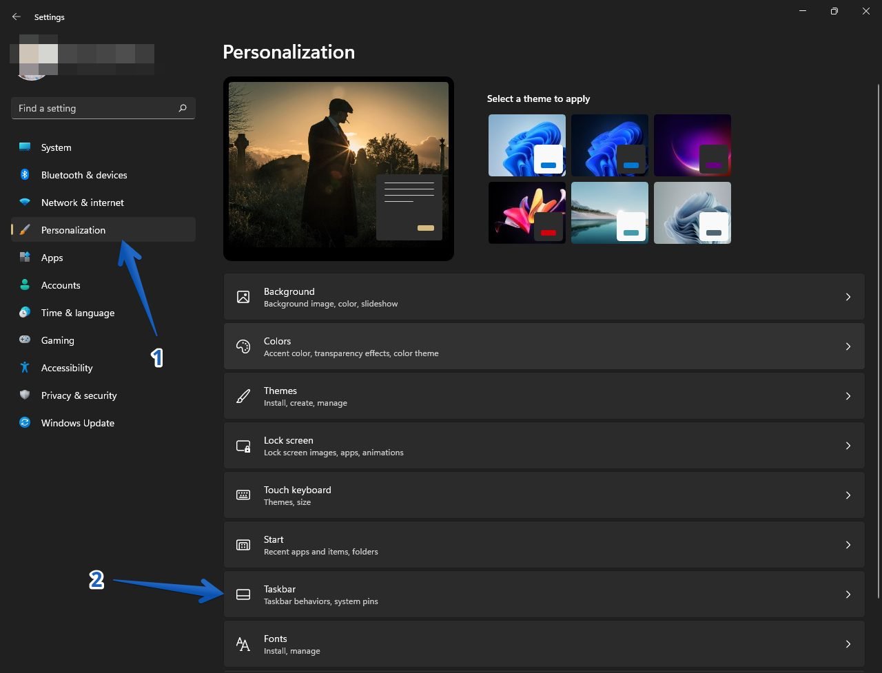 Click on personalization to bring up option to enable or disable the widgets in Windows 11