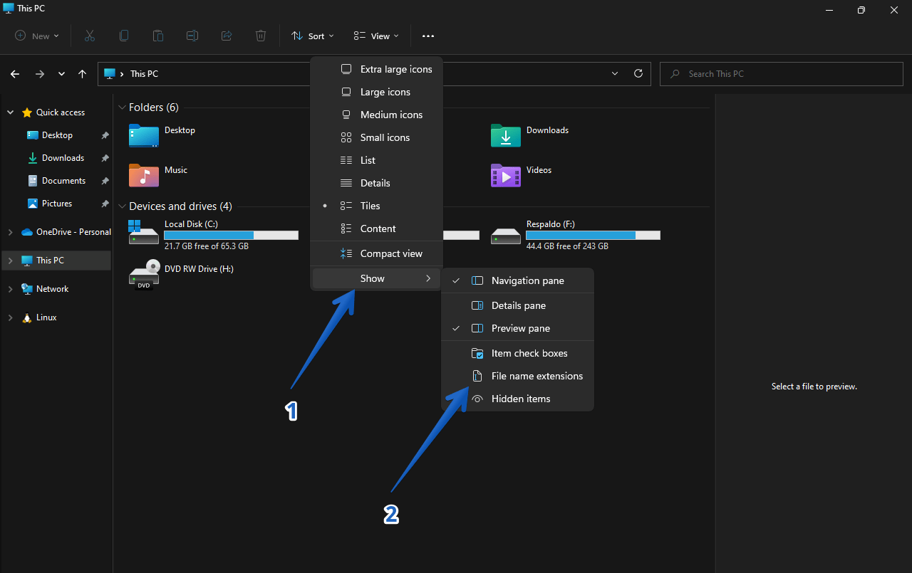 Toggle file name extension option in view -> show menu