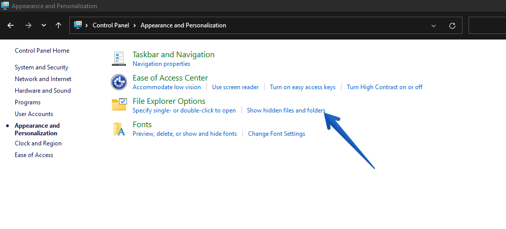 Open show hidden files and folder option