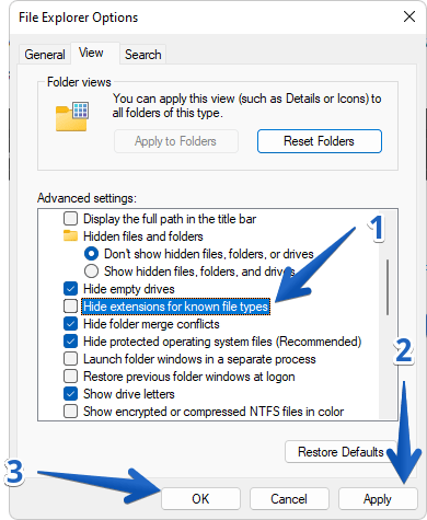 Uncheck 'hide extension for known file types' option