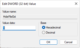 Change registry value to 1 to show the file extensions