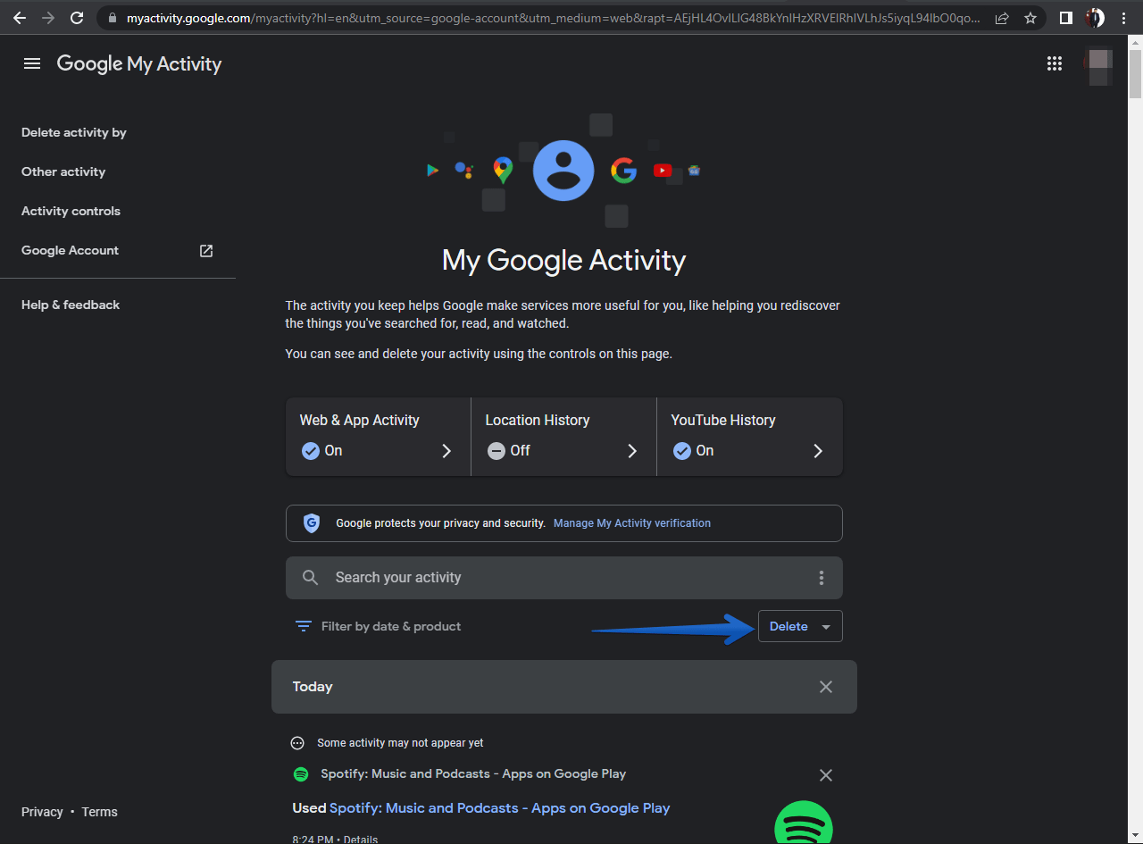 Click on delete to delete google activities manually.