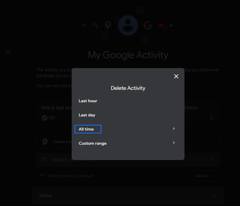 Select the time frame to clear activity history.