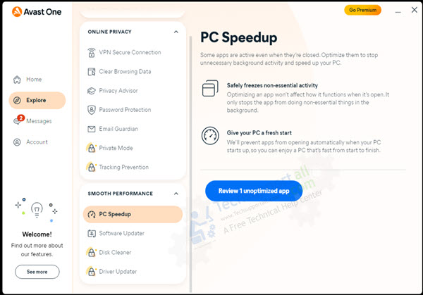 Smooth performance features of Avast One - speed up. Software updater