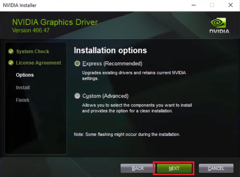 choose express install option for driver