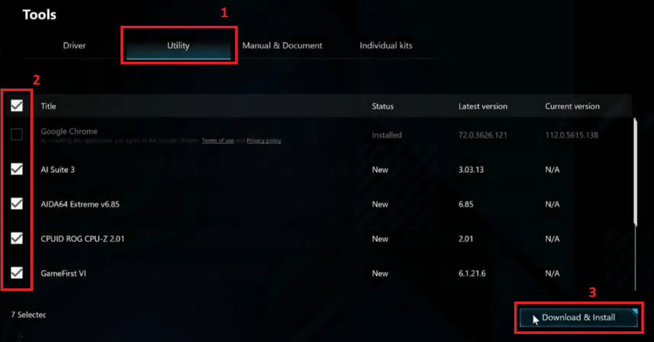 select ASUS utility to install