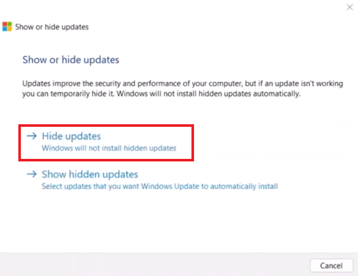 click hide updates